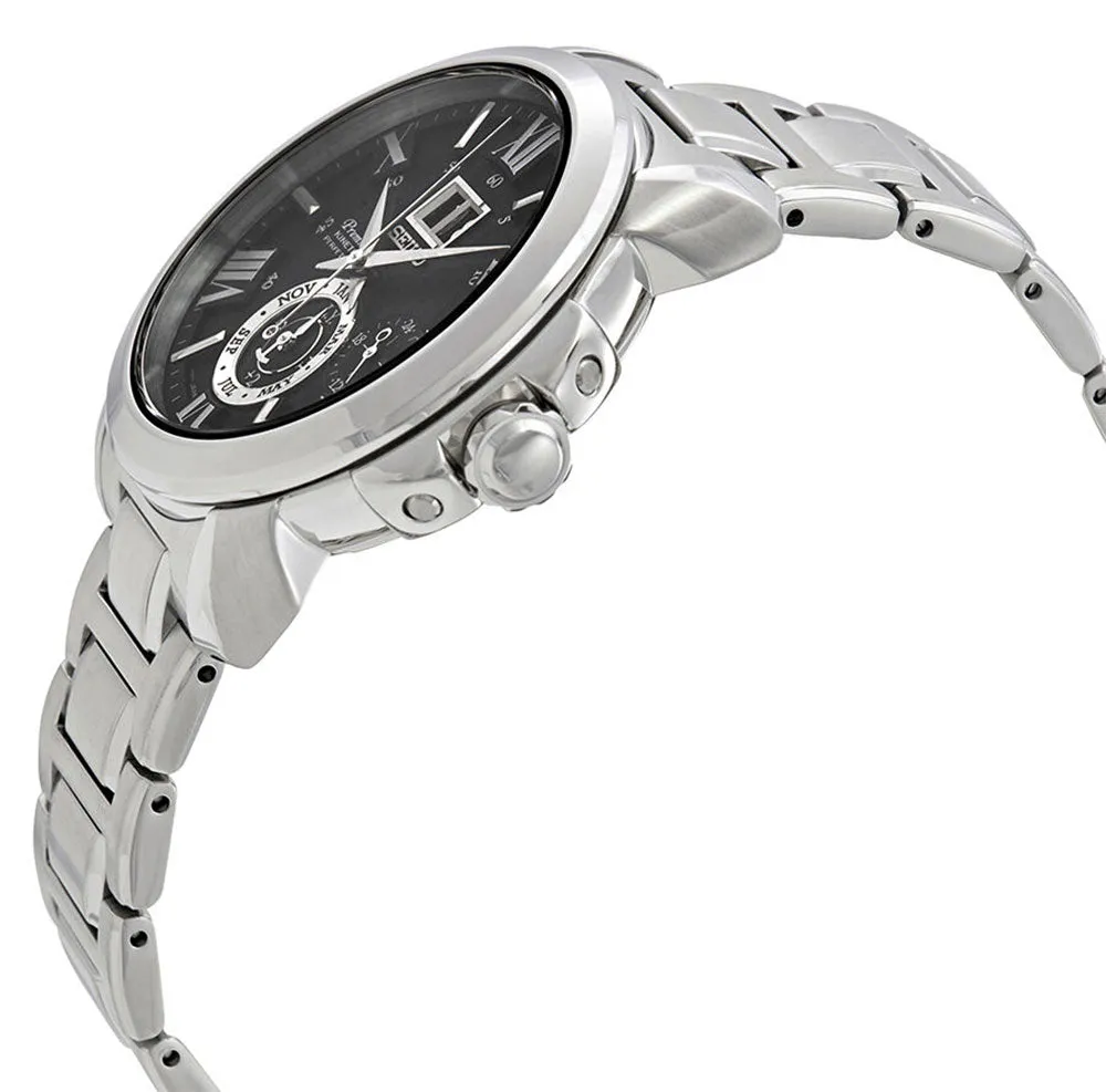 Seiko Premier Kinetic Stainless Steel Black Dial Perpetual Calendar Date Mens Watch SNP141P1