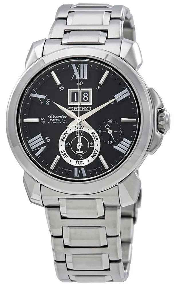 Seiko Premier Kinetic Stainless Steel Black Dial Perpetual Calendar Date Mens Watch SNP141P1