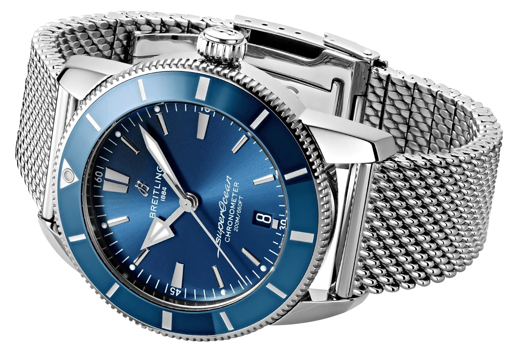 Special Edition Breitling Superocean Heritage Automatic Chronometer Stainless Steel Mesh Blue Dial Date Divers Mens Watch AB2030161C1A1
