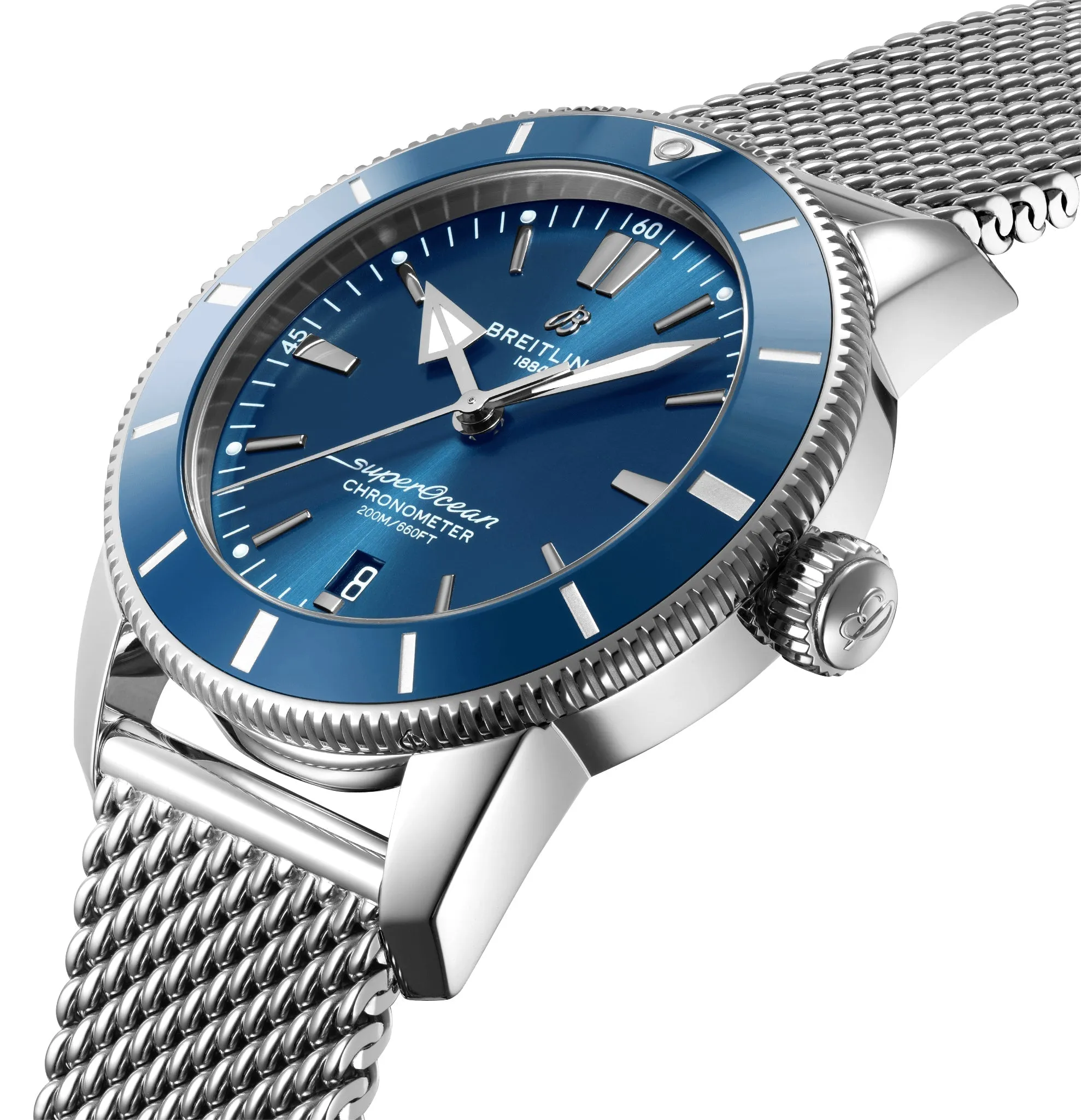 Special Edition Breitling Superocean Heritage Automatic Chronometer Stainless Steel Mesh Blue Dial Date Divers Mens Watch AB2030161C1A1