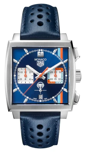 Special Edition TAG Heuer Monaco Gulf Automatic Chronograph Stainless Steel Blue Dial Blue Leather Strap Date Mens Watch CBL2115.FC6494