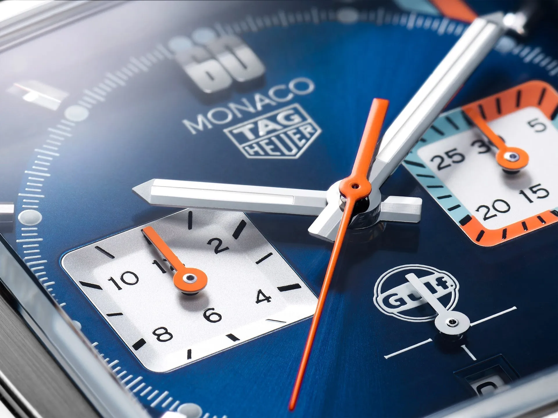 Special Edition TAG Heuer Monaco Gulf Automatic Chronograph Stainless Steel Blue Dial Blue Leather Strap Date Mens Watch CBL2115.FC6494