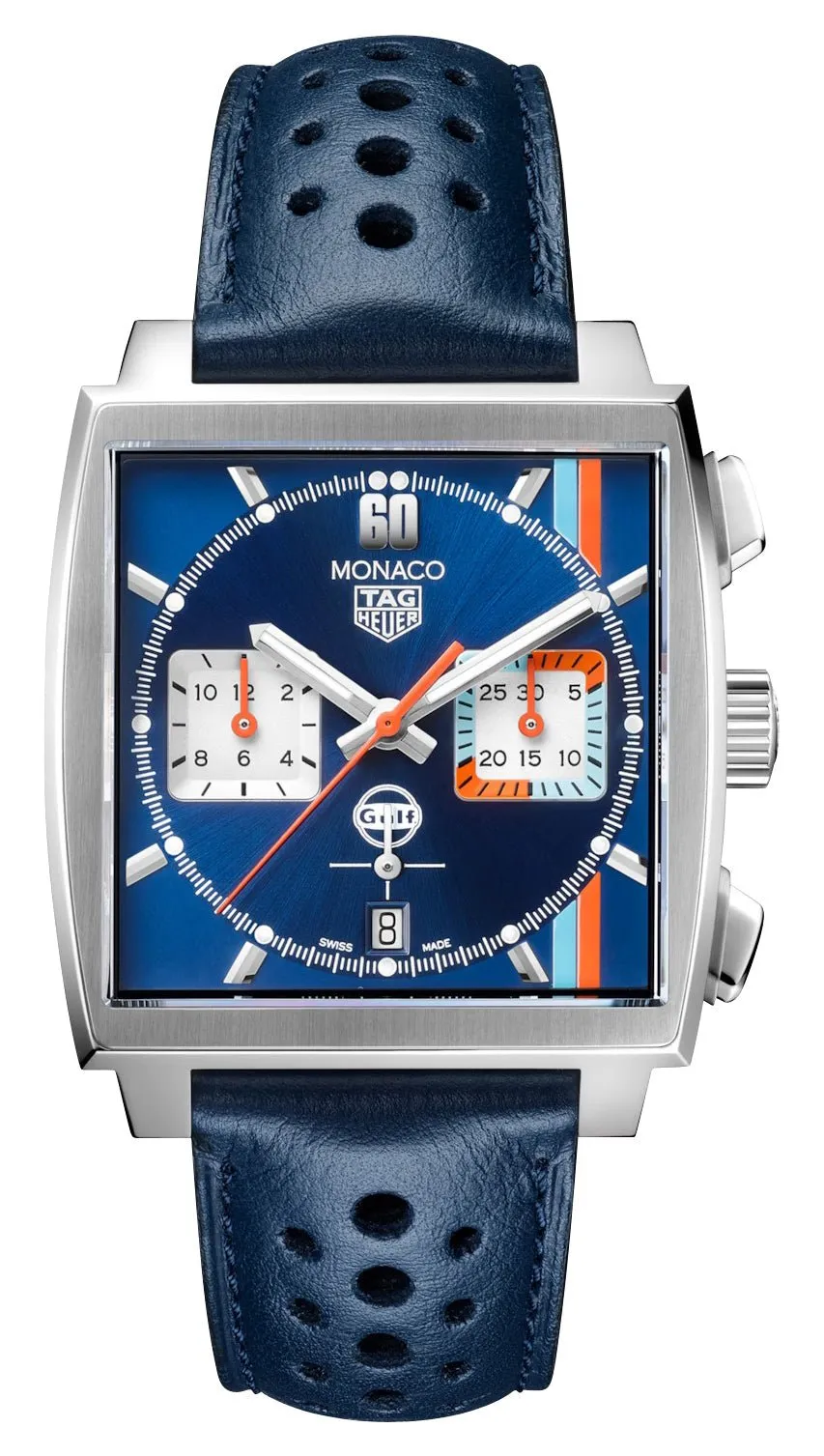 Special Edition TAG Heuer Monaco Gulf Automatic Chronograph Stainless Steel Blue Dial Blue Leather Strap Date Mens Watch CBL2115.FC6494