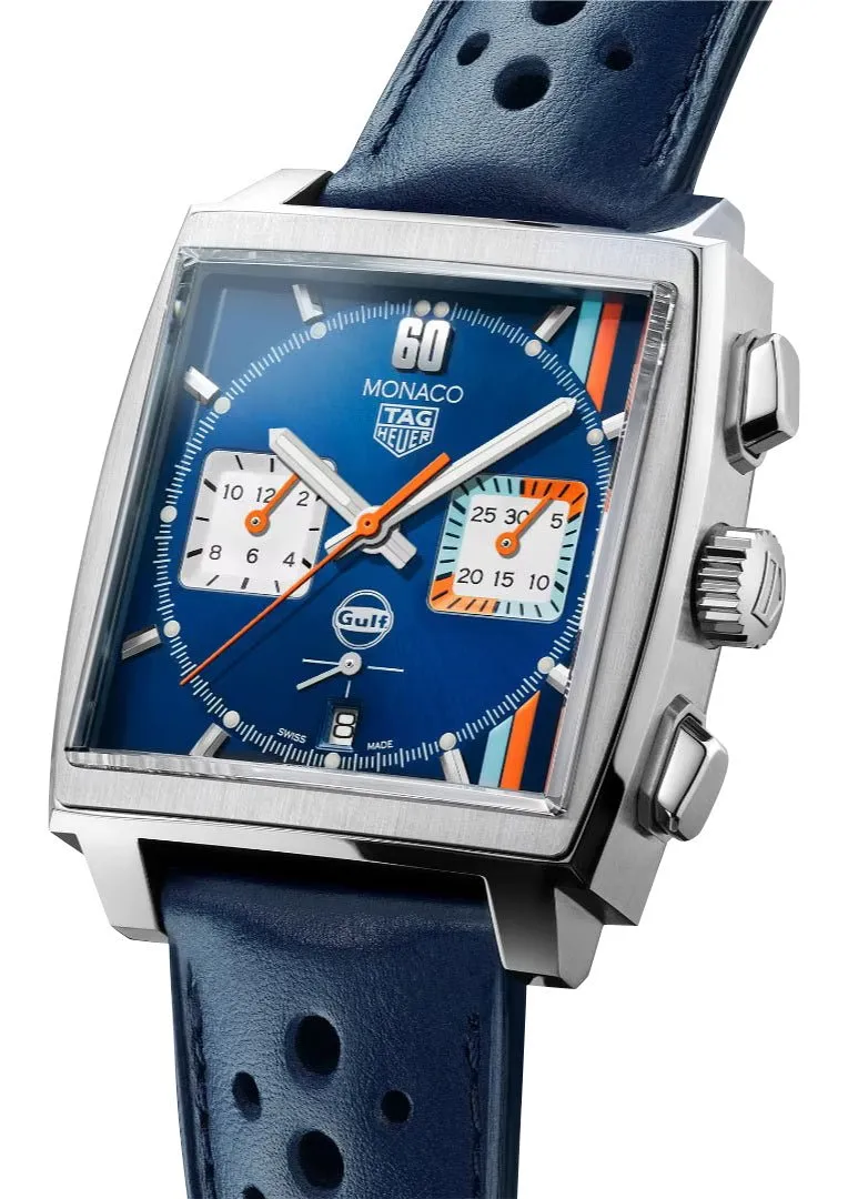Special Edition TAG Heuer Monaco Gulf Automatic Chronograph Stainless Steel Blue Dial Blue Leather Strap Date Mens Watch CBL2115.FC6494