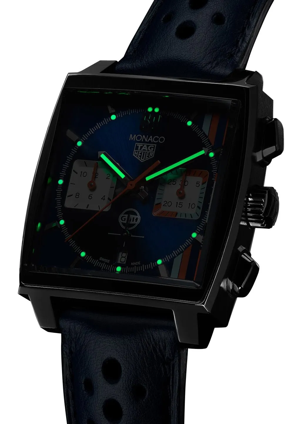 Special Edition TAG Heuer Monaco Gulf Automatic Chronograph Stainless Steel Blue Dial Blue Leather Strap Date Mens Watch CBL2115.FC6494