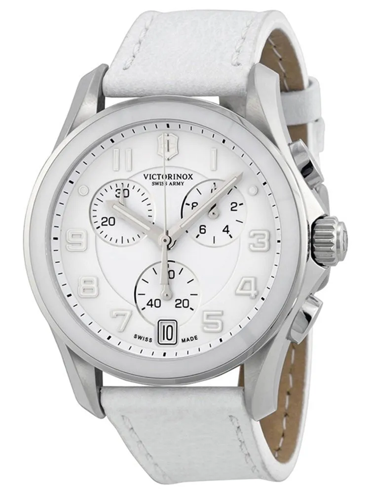 Swiss Army Chrono Classic Stainless Steel & Ceramic White Leather Strap Womens Watch White Dial Date 241500