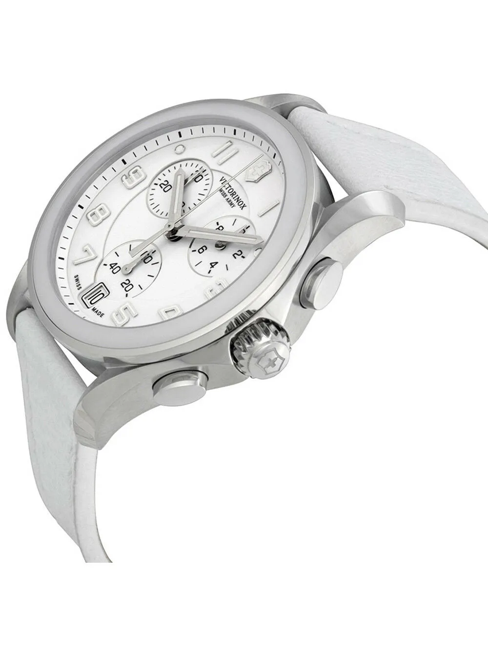 Swiss Army Chrono Classic Stainless Steel & Ceramic White Leather Strap Womens Watch White Dial Date 241500