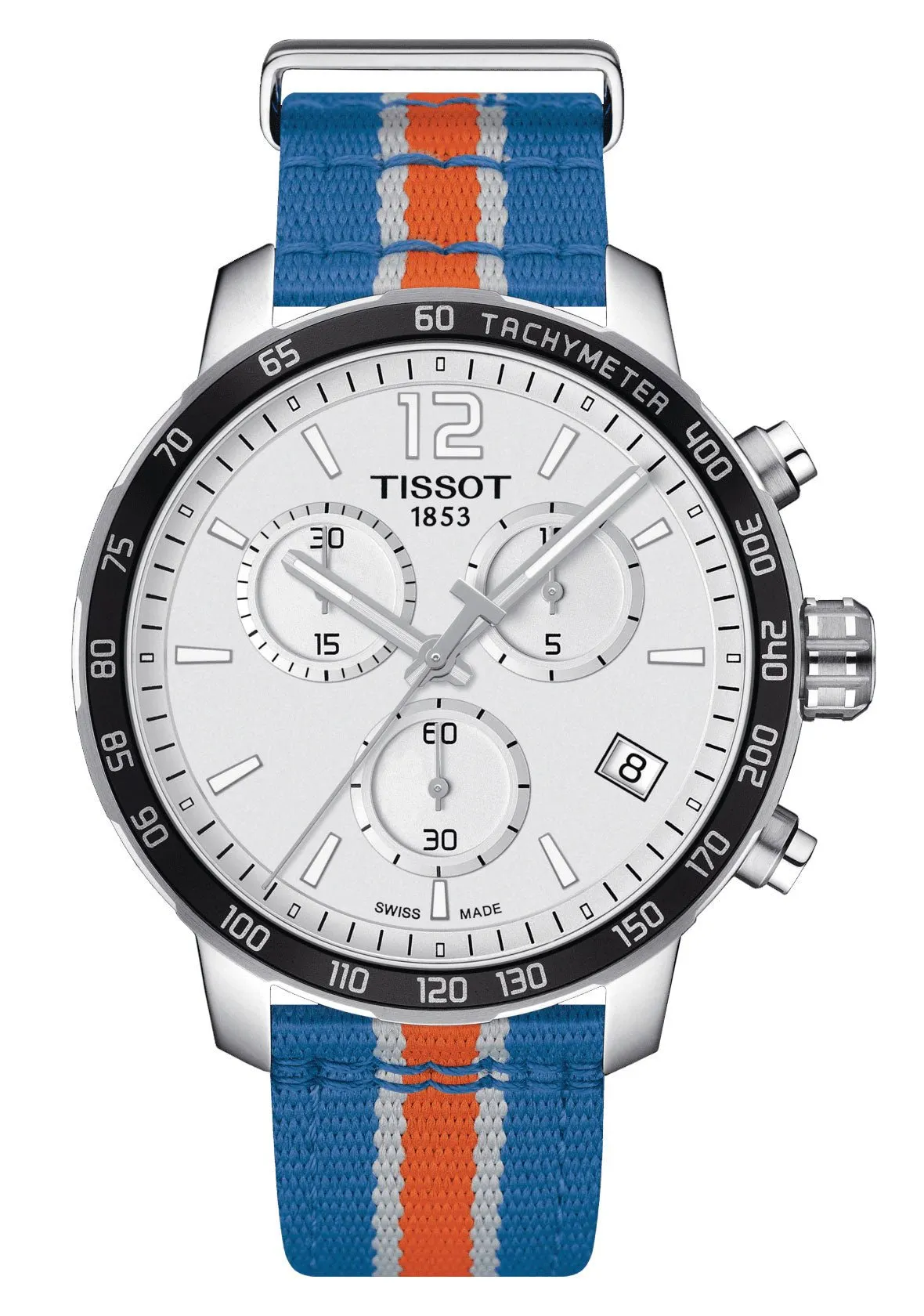 Tissot Quickster Special Edition NBA New York Knicks Chronograph Stainless Steel Silver Dial Blue/Orange Textile Strap Date Quartz Mens Watch T095.417.17.037.06