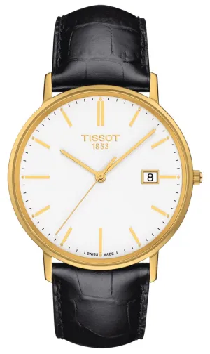 Tissot T-Gold Goldrun 18K Yellow Gold White Dial Black Leather Strap Date Quartz Mens Watch T9224101601100