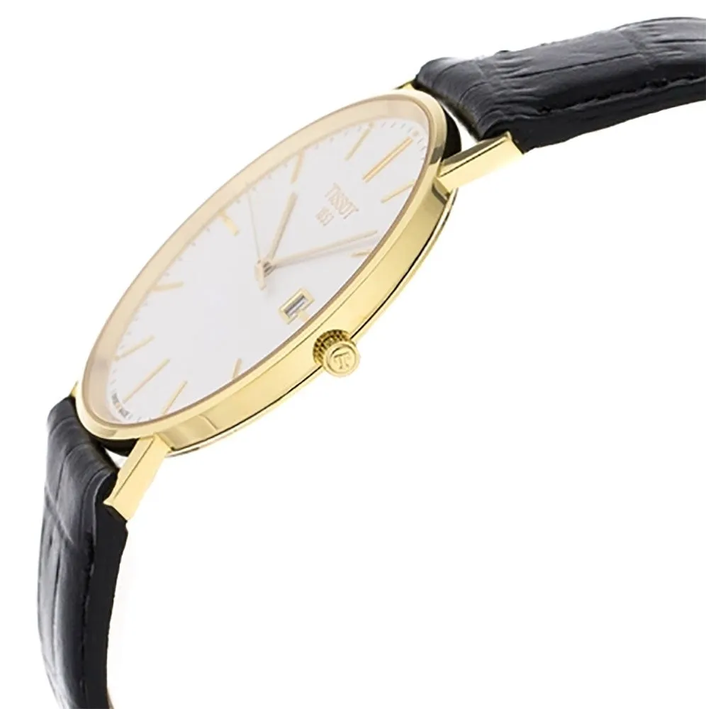 Tissot T-Gold Goldrun 18K Yellow Gold White Dial Black Leather Strap Date Quartz Mens Watch T9224101601100