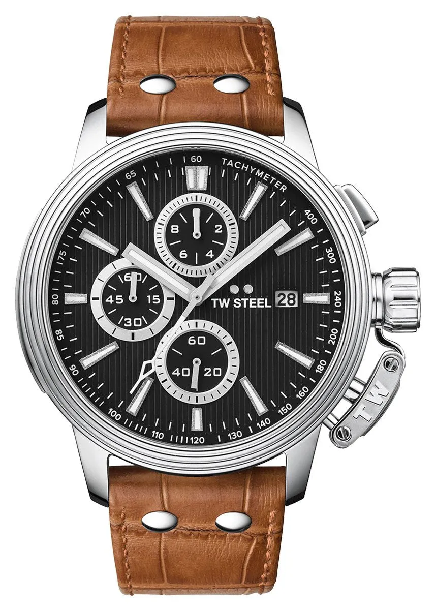 TW Steel Ceo Adesso Chronograph Stainless Steel Caramel Leather Strap Black Dial Quartz Date Mens Watch CE7004