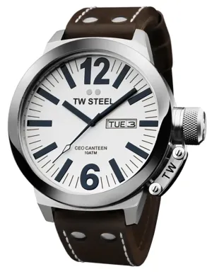 TW Steel CEO Canteen Stainless Steel White Dial Brown Leather Strap Day/Date Quartz Mens Watch CE1006