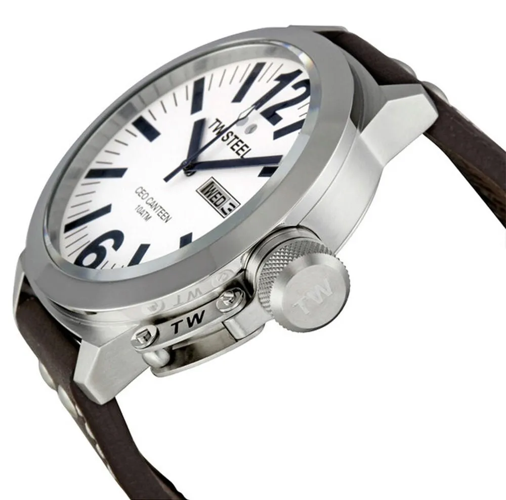 TW Steel CEO Canteen Stainless Steel White Dial Brown Leather Strap Day/Date Quartz Mens Watch CE1006