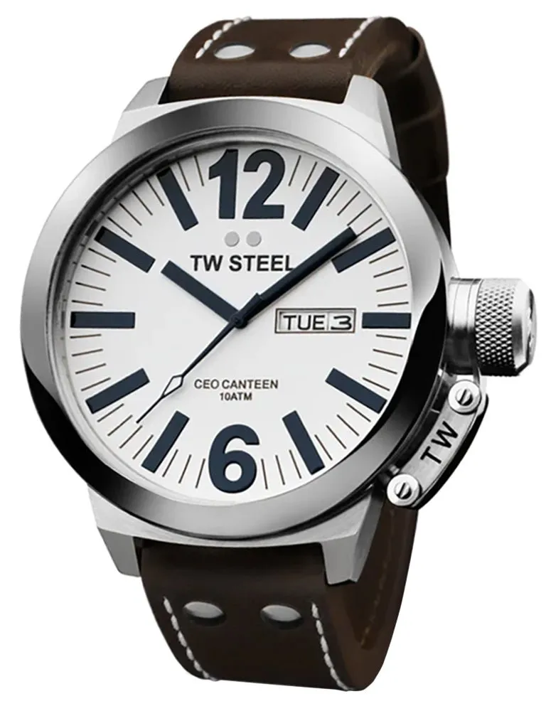 TW Steel CEO Canteen Stainless Steel White Dial Brown Leather Strap Day/Date Quartz Mens Watch CE1006
