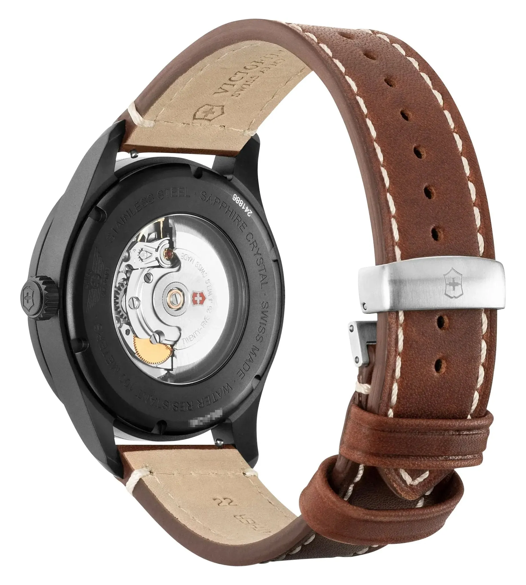 Victorinox Swiss Army Airboss Mechanical Automatic Black Stainless Steel Black Dial Brown Leather Strap Date Mens Watch 241886