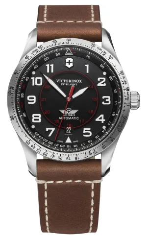 Victorinox Swiss Army Airboss Mechanical Automatic Stainless Steel Black Dial Brown Leather Strap Date Mens Watch 241973