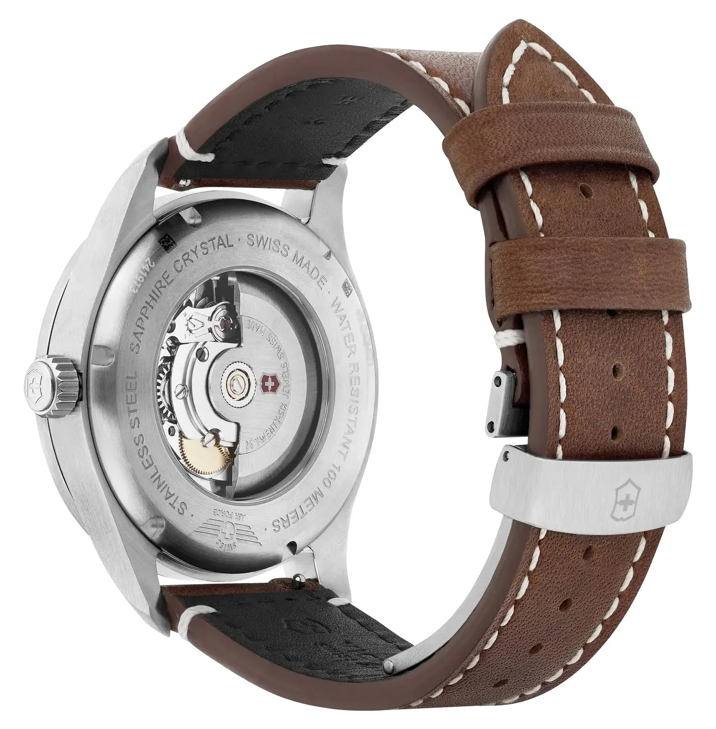 Victorinox Swiss Army Airboss Mechanical Automatic Stainless Steel Black Dial Brown Leather Strap Date Mens Watch 241973
