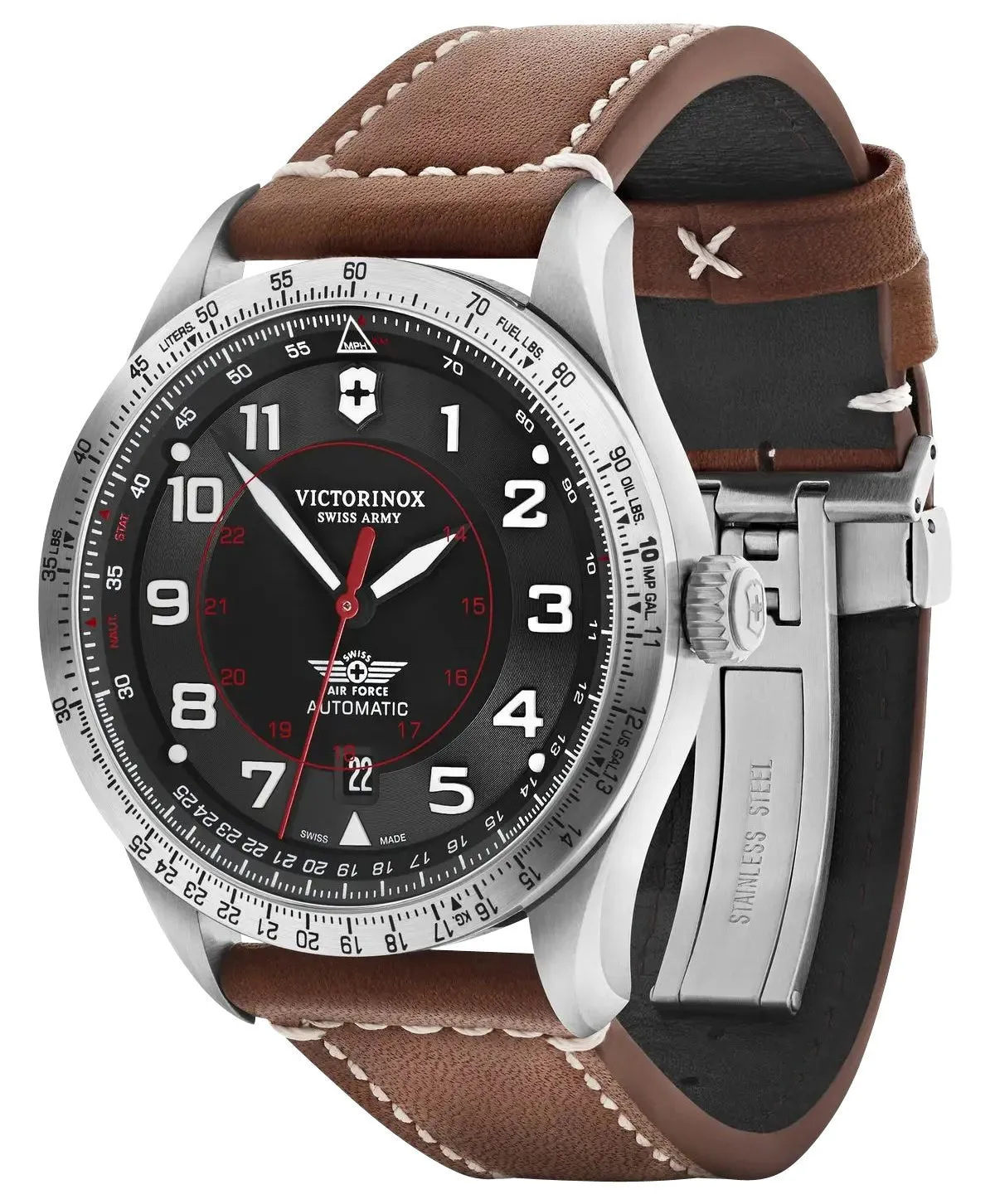 Victorinox Swiss Army Airboss Mechanical Automatic Stainless Steel Black Dial Brown Leather Strap Date Mens Watch 241973