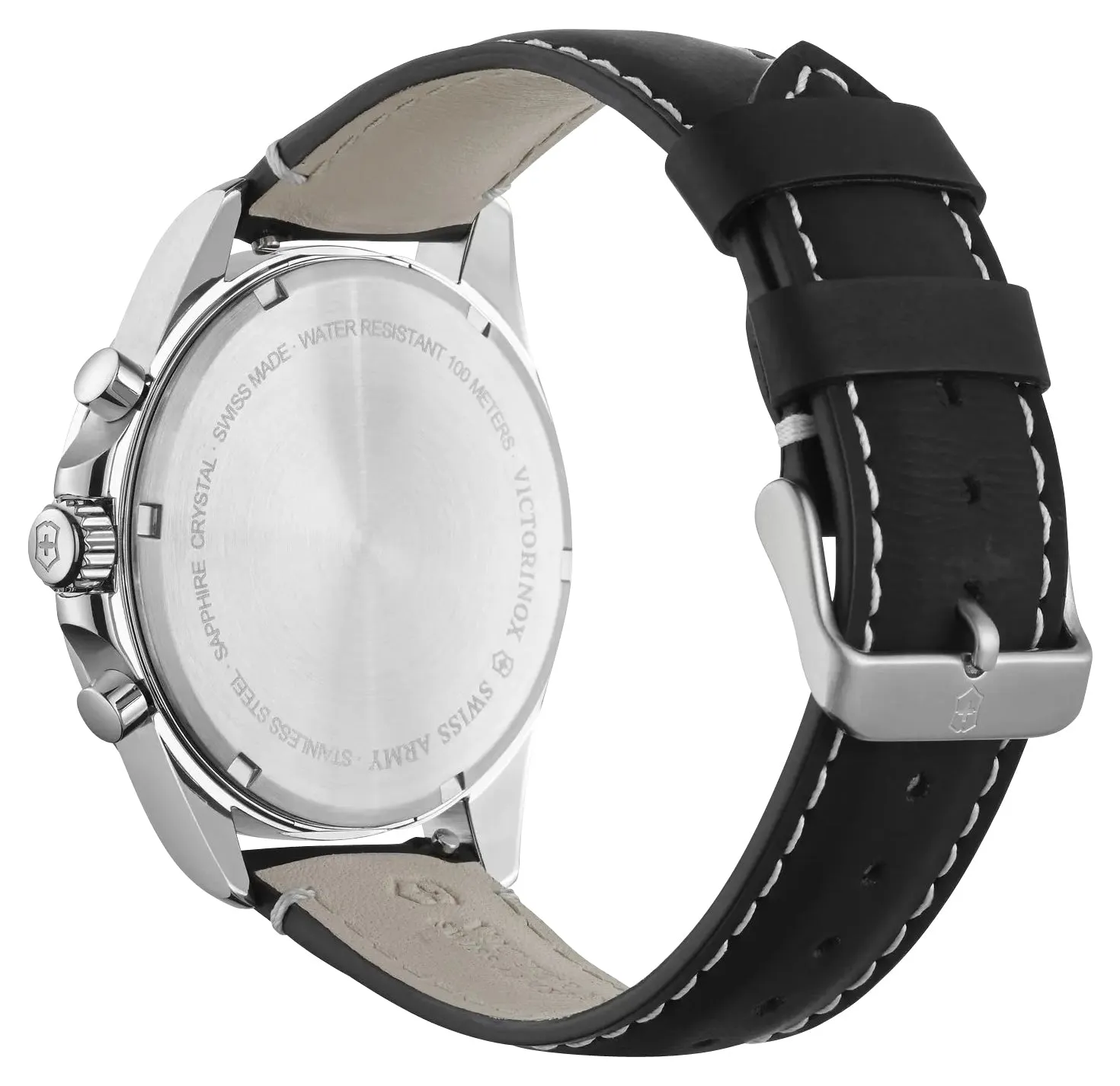 Victorinox Swiss Army Fieldforce Chronograph Stainless Steel Black Dial Black Leather Strap Date Quartz Mens Watch 241852