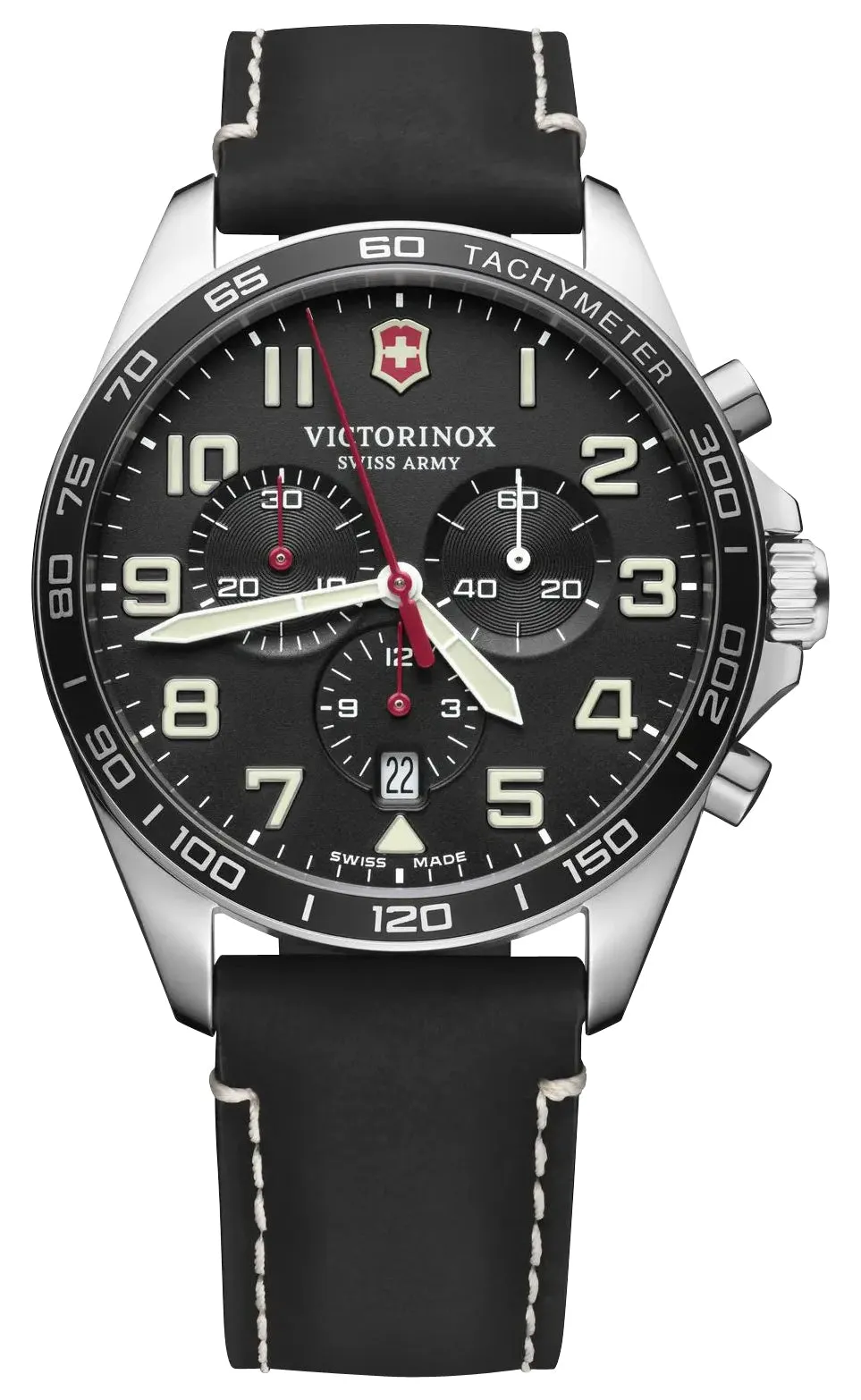 Victorinox Swiss Army Fieldforce Chronograph Stainless Steel Black Dial Black Leather Strap Date Quartz Mens Watch 241852