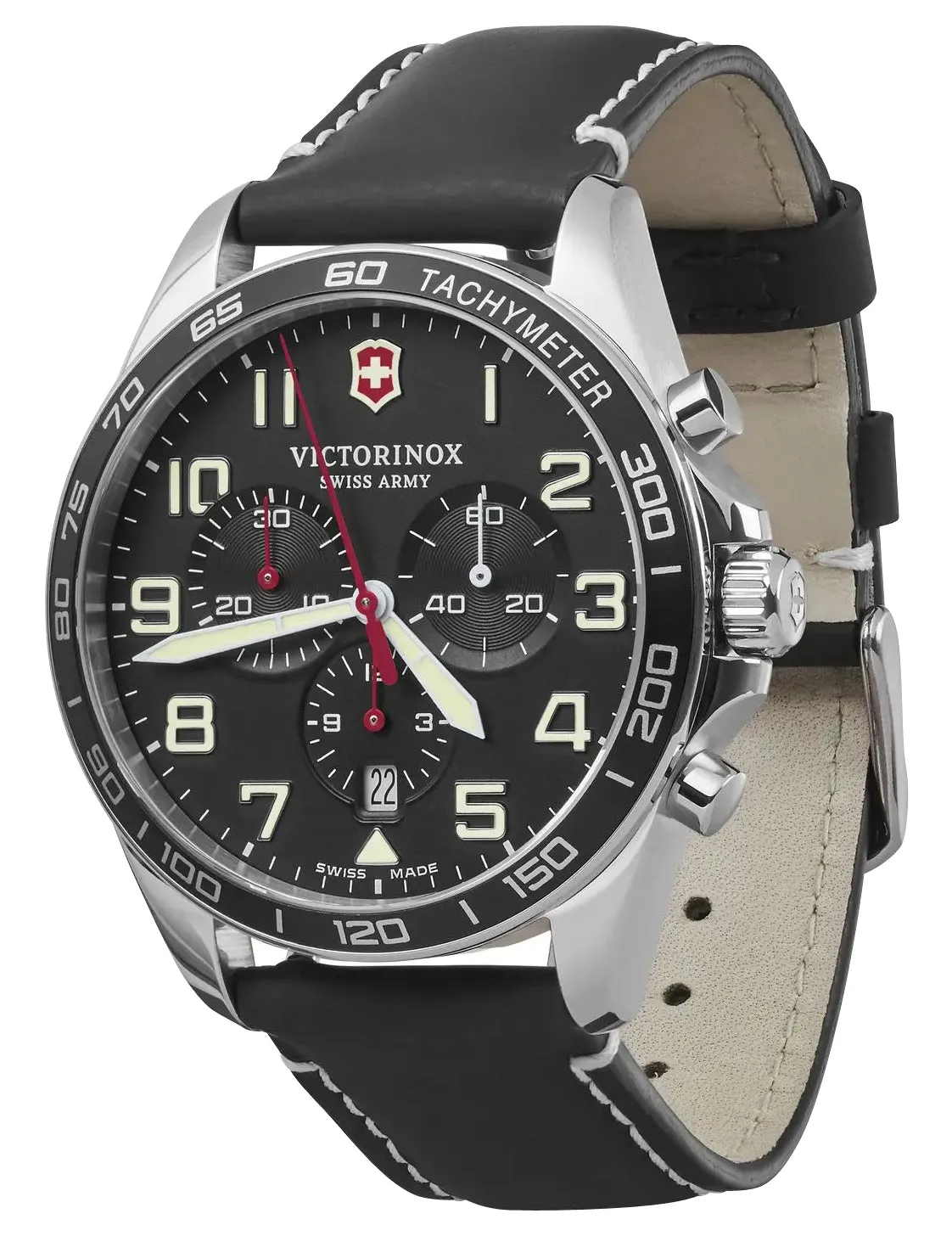 Victorinox Swiss Army Fieldforce Chronograph Stainless Steel Black Dial Black Leather Strap Date Quartz Mens Watch 241852