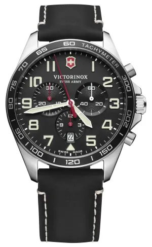 Victorinox Swiss Army Fieldforce Chronograph Stainless Steel Black Dial Black Leather Strap Date Quartz Mens Watch 241852
