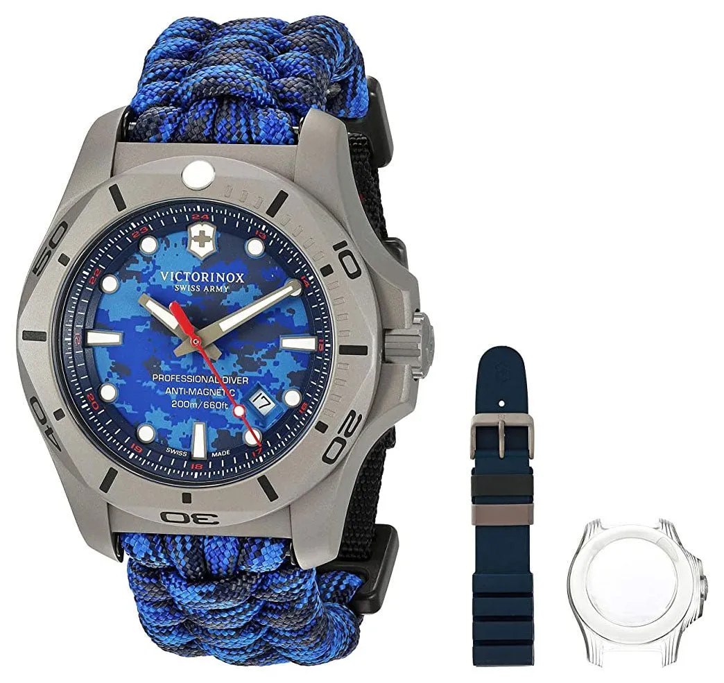 Victorinox Swiss Army I.N.O.X. Professional Diver Gray Titanium Blue Dial Blue Textile Interchangeable Blue Rubber Strap Date Quartz Mens Watch 241813.2