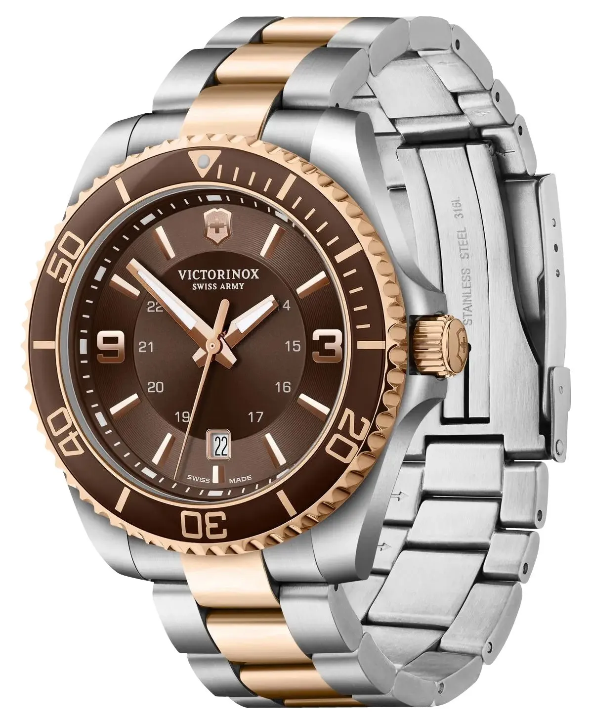 Victorinox Swiss Army Maverick Large Two-Tone Stainless Steel Brown Dial Date Quartz Mens Watch 241951